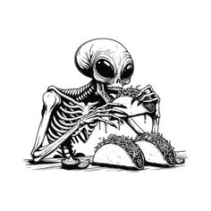 a skeleton sitting on the ground with food in his hand and holding a burrito