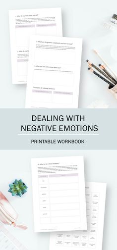 two sheets of paper with the words dealing with negative emotions printable workbook on them