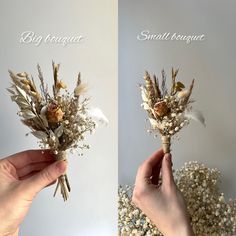 two pictures of dried flowers being held by someone's hand