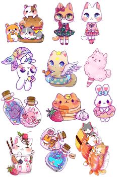 various stickers that include cats and other animals in different colors, sizes and shapes