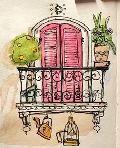 a drawing of a balcony with potted plants