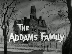 the addams family logo with trees in front of it and a creepy house behind