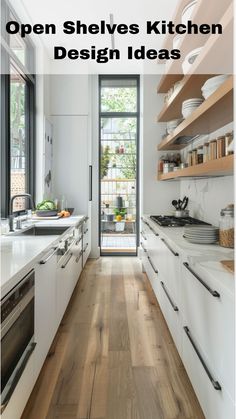 Transform Your Kitchen: Stylish and Practical Open Shelving Ideas Ikea U Shaped Kitchen, Small Narrow Kitchen Design, Small Narrow Kitchen Ideas, Small Gallery Kitchen, Modern Galley Kitchen Design, Kitchen Ideas Narrow, Small Narrow Kitchen, Narrow Kitchens, Narrow Kitchen Ideas