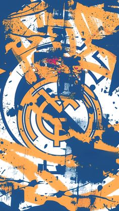 an orange and blue abstract painting with the word real madrid in it's center