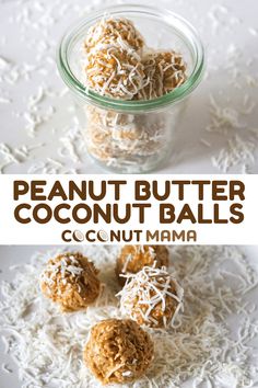 peanut butter coconut balls in a glass jar on top of shredded white paper and next to the recipe title