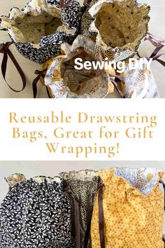 several bags with the words reusable drawstring bags, great for gift wrapping