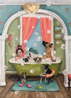 a painting of dogs in a bathtub with bubbles coming from the tub and on the floor