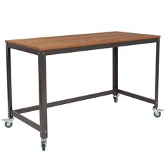 a table on wheels with a wooden top and metal frame, against a white background