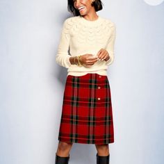 Classic And Festive A-Line Skirt. In A Red Tartan Plaid. Brass Tone Button Accents. Concealed Side Zipper. Fully Lined. Nwt. Pet And Smoke Free Home. Waist: 17” Length: 21” Sg621075 Tartan Skirt Outfit, Red Tartan Skirt, Talbots Outfits, Pretty Buttons, Plaid Skirt Outfit, Cotton Pencil Skirt, Tartan Skirt, Plaid Pencil Skirt, Metallic Skirt