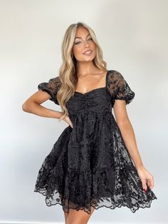 Black Lace Babydoll Dress – Lane 201 Sweethearts Dance Dresses, Black Dress Senior Pictures, Semi Formal Dance Dresses, Black Mini Dress Formal, Winter Wedding Guest Outfit Cold Formal, Black Dance Dress, Black Semi Formal Dress, Ballet Fits, Winter Ball Dresses