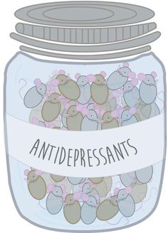 a jar filled with lots of little mice sitting on top of a white label that says antidepressants