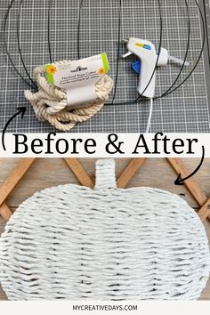 a white wicker pumpkin sitting on top of a table next to a wire basket