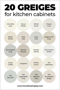 the top 20 grey paint colors for kitchen cabinets and countertops with text overlay