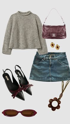 a woman's outfit and accessories including a sweater, skirt, sunglasses, handbag and purse