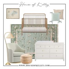 a baby's nursery room with floral wallpaper and white furniture, including a crib