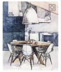 a drawing of a dining room table with chairs and a lamp hanging over the top