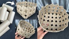 instructions to make a woven basket out of toilet paper and rolled up with rolls on the side