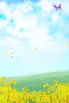 a field with yellow flowers and butterflies flying in the sky