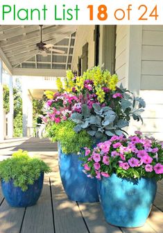 three blue planters filled with flowers sitting on a wooden porch next to a white house