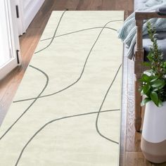 a living room area with a rug on the floor and potted plant next to it