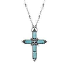 This silver-tone and aqua cross necklace is a spiritual fashion statement! This silver-tone and aqua cross necklace is a spiritual fashion statement! NECKLACE DETAILS Pendant length: 2 in. Chain length: 20 in. Clasp: lobster-claw Metal: alloy Plating: silver tone Finish: polished Stone: moonstone Not appropriate for children 14 years old and younger. Size: One Size. Color: Blue. Gender: female. Age Group: adult. Material: Silver Plate. Blue Bohemian Necklace With Cross Pendant, Bohemian Blue Cross Pendant Necklace, Blue Cross Spiritual Necklace, Turquoise Cross Necklace, Spiritual Fashion, Bff Necklaces, Turquoise Cross, Blue Cross, Wedding Accessories Jewelry