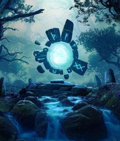 an image of a futuristic portal in the middle of a forest with rocks and water