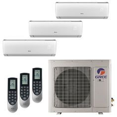 three air conditioners sitting next to each other on top of a white wall mounted heater