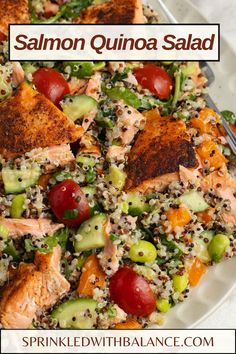 salmon and quinoa salad on a white plate