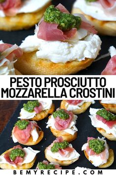 small appetizers with prosciutto, mozzarella and pesto on them