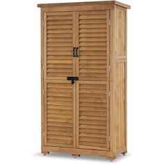 a tall wooden cabinet with shutters on the front and bottom doors, sitting against a white background