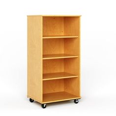 a wooden book shelf with wheels on it