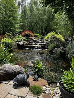 a pond surrounded by plants and rocks with a turtle statue in the center next to it