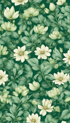 a green background with white flowers and leaves