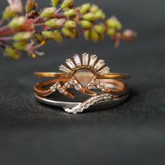 two gold rings with diamonds on them sitting next to a flower branch in front of a black background