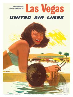 an advertisement for the united air lines shows a woman in a bathing suit holding onto a man's head