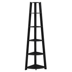 a tall black shelf with four shelves