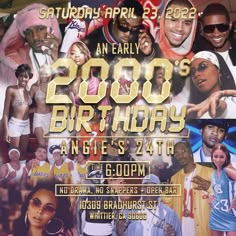 the birthday party flyer for an early 2000's birthday featuring photos of young men and women