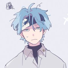 an anime character with blue hair is staring at something