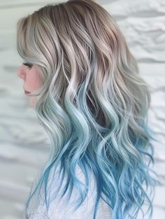 Silver Hair With Blue Highlights, Blue Balayage Blonde, Blonde Hair With Color, Blue And Blonde Hair, Fun Highlights, Baby Blue Hair