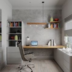 a home office with gray walls and wooden flooring, built in shelving units