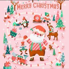 a pink christmas card with santa claus and other holiday items in the middle of it