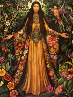 a painting of a woman surrounded by flowers and birds