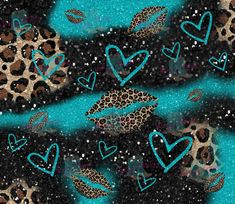 leopard print with hearts and arrows on blue glittered fabric by the yard or yard