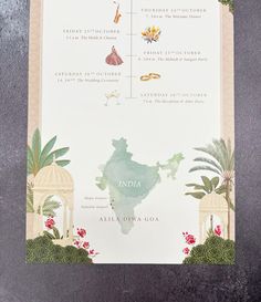 Goa wedding, wedding invitiation, jago night, mendhi, beautiful wedding invitation, indian wedding, destination wedding Wedding Stationery Indian, Goa Wedding Invite, Indian Beach Wedding, Indian Wedding Invite, Map Wedding Invitation, Goa Wedding, Indian Wedding Invitation Card Design, Olive Wedding