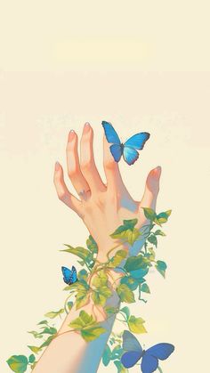 a person's hand reaching up into the air with butterflies on it