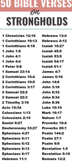 the 50 bible verses for strong people and their names are shown in pink on white