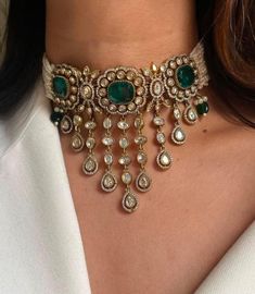 Victorian Polki Kundan Necklace Emerald Kundan Necklace Uncut Polki Choker Green Polki Necklace Sabyasachi Jewelry Set Emerald Polki Jewelry Gorgeous Sabyasachi inspired Fine Victorian Kundan Emerald Green Doublet Stone choker Necklace with matching earrings. This choker is flexible and takes the shape of the neck. Fine quality and craftsmanship. Perfect for desi weddings. Necklace comes in drawstring cord therefore adjustab Elegant Cutdana Choker Necklace, Elegant Cutdana Choker, Party Necklaces With Cutdana, Elegant Cutdana Choker For Celebrations, Elegant Meenakari Choker For Party, Elegant Green Cutdana Choker, Desi Aesthetic Jewellery, Bridal Jewelry Pakistani, Sabyasachi Jewelry