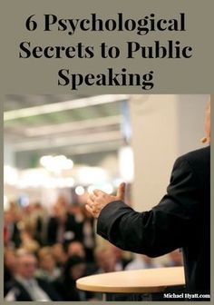 a man standing at a podium with his hands up in front of him and the words, 6 technological secrets to public speaking