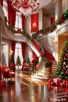 a staircase decorated for christmas with red and green decorations