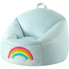 a blue bean bag chair with a rainbow on the front and clouds on the back